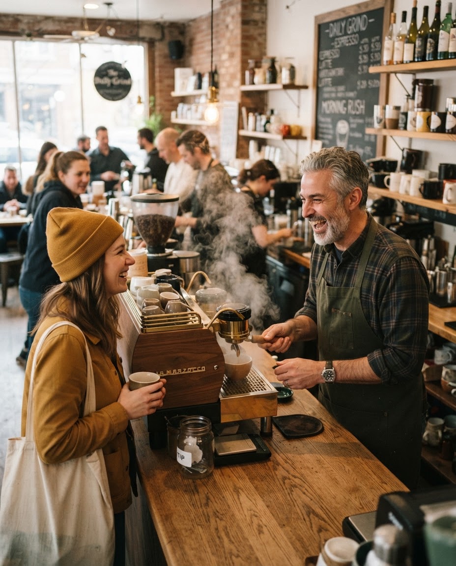 A café owner laughing with a customer while making coffee