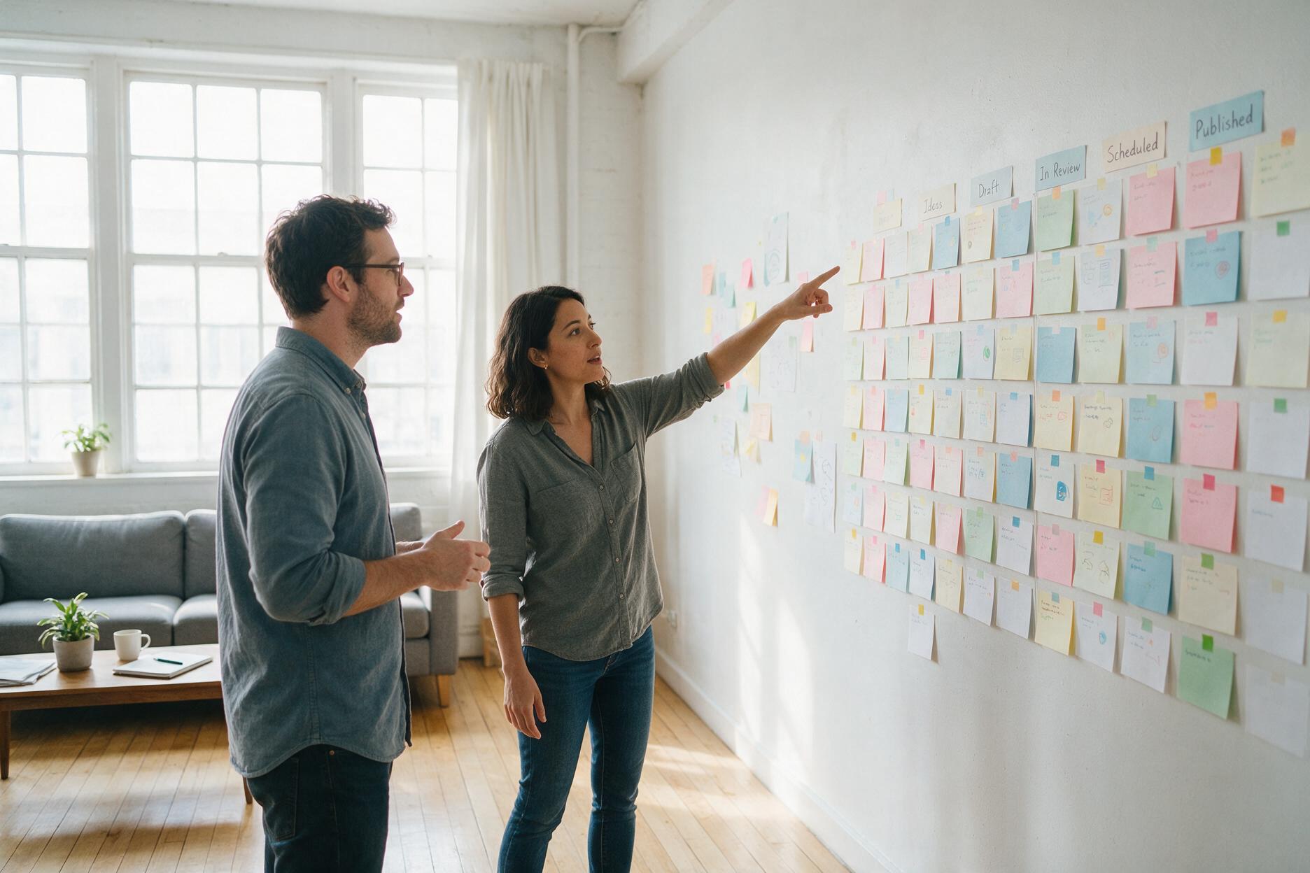 Two colleagues reviewing a wall of planning cards