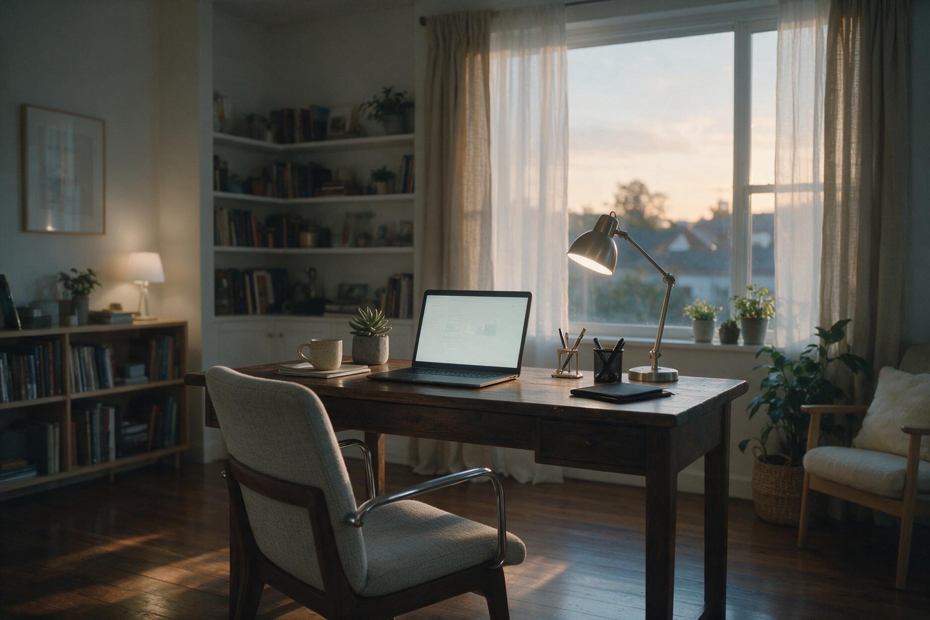 An empty home office at dawn, the desk lamp on and a laptop glowing softly