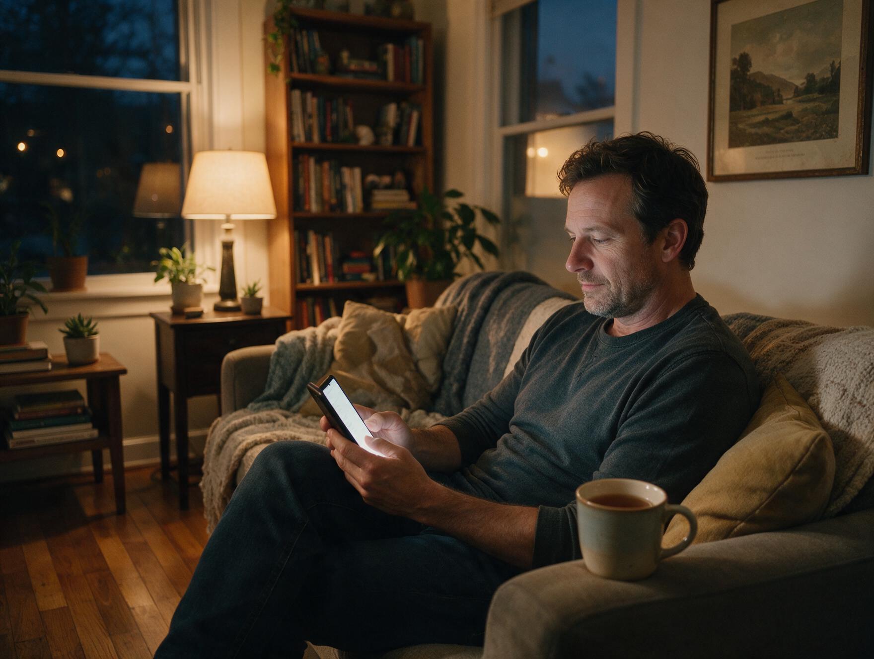 A man reviewing his phone on the sofa in the evening