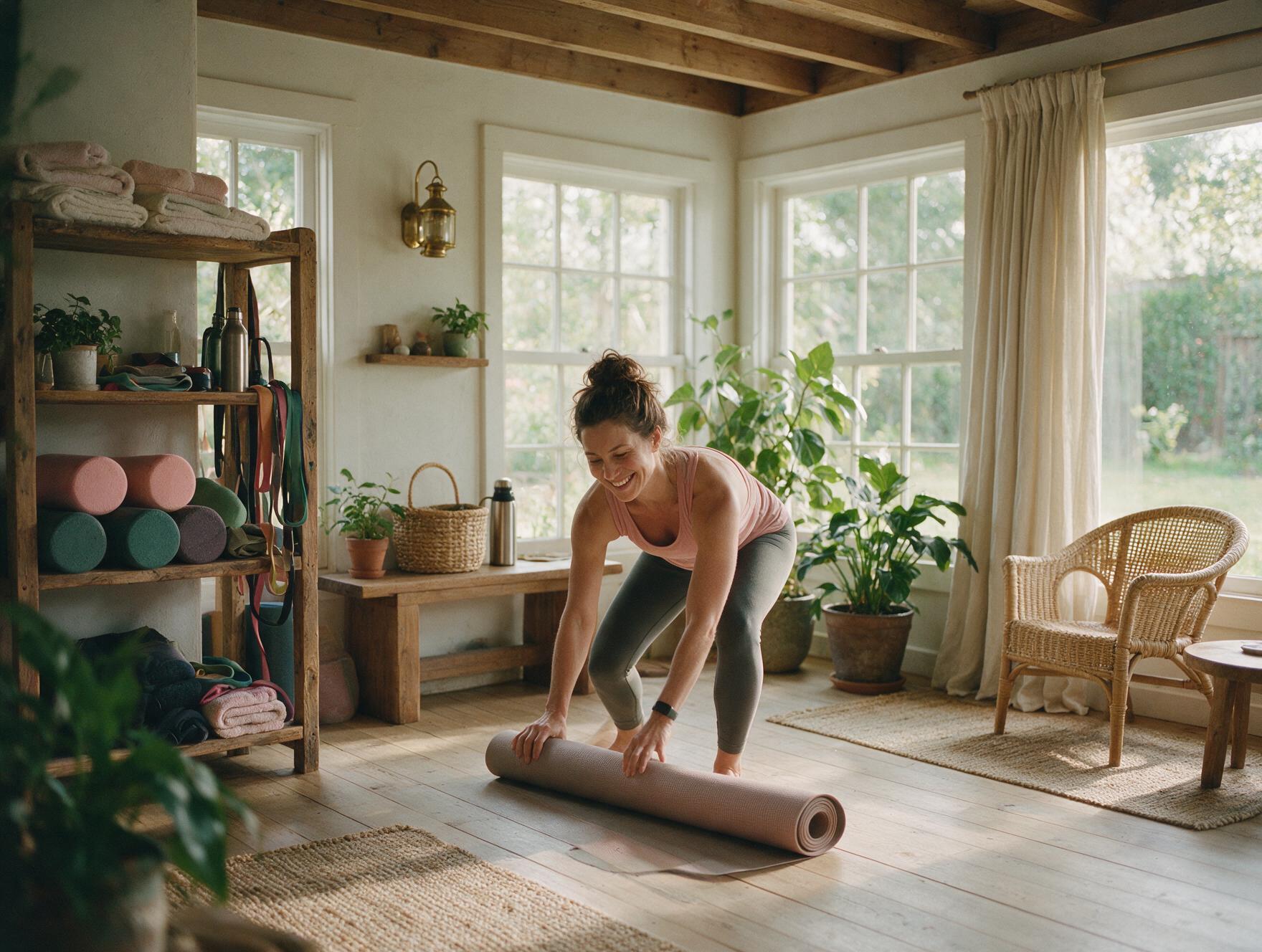 A fitness coach smiling while rolling out a mat in a bright studio