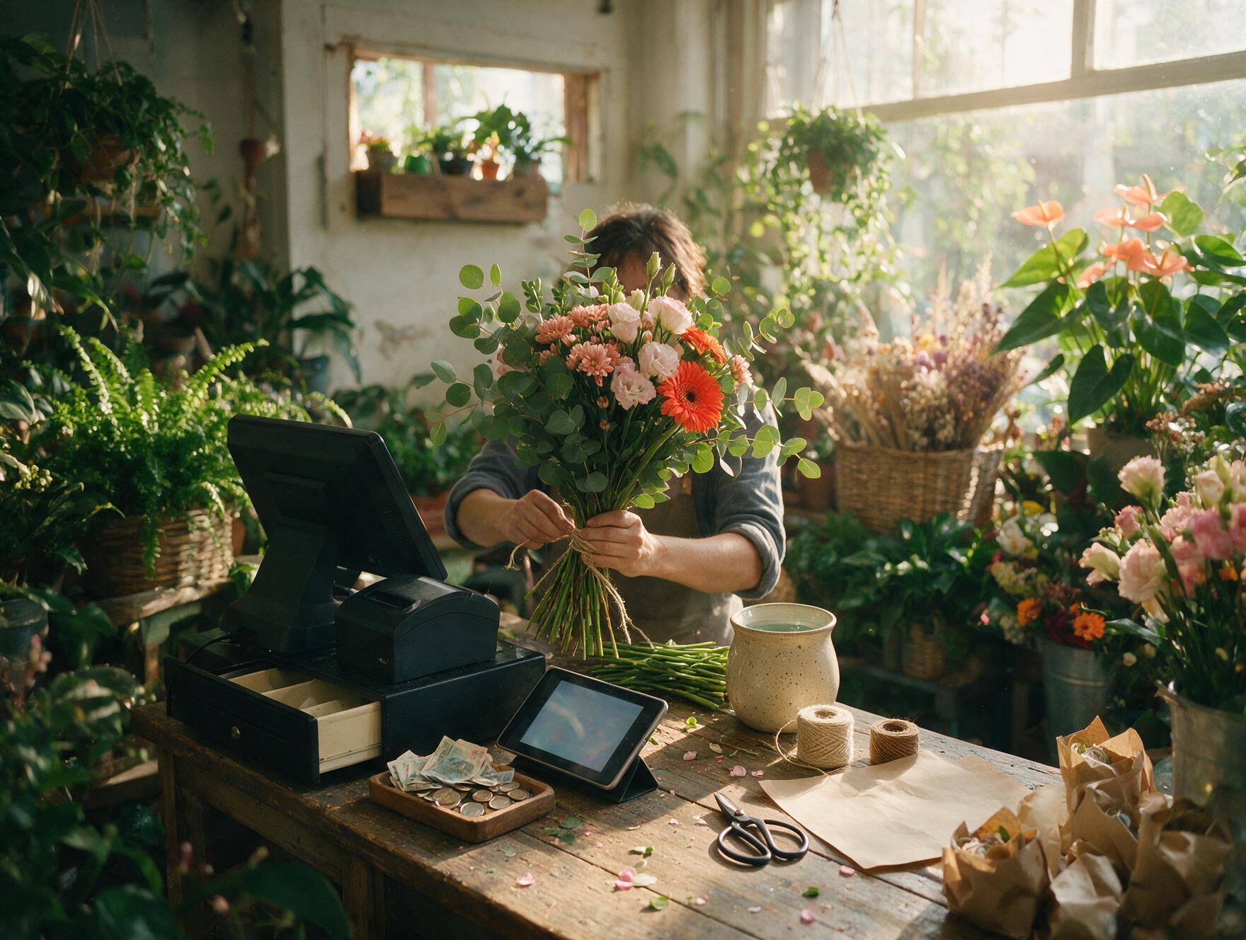 A florist tying a bouquet at her shop counter