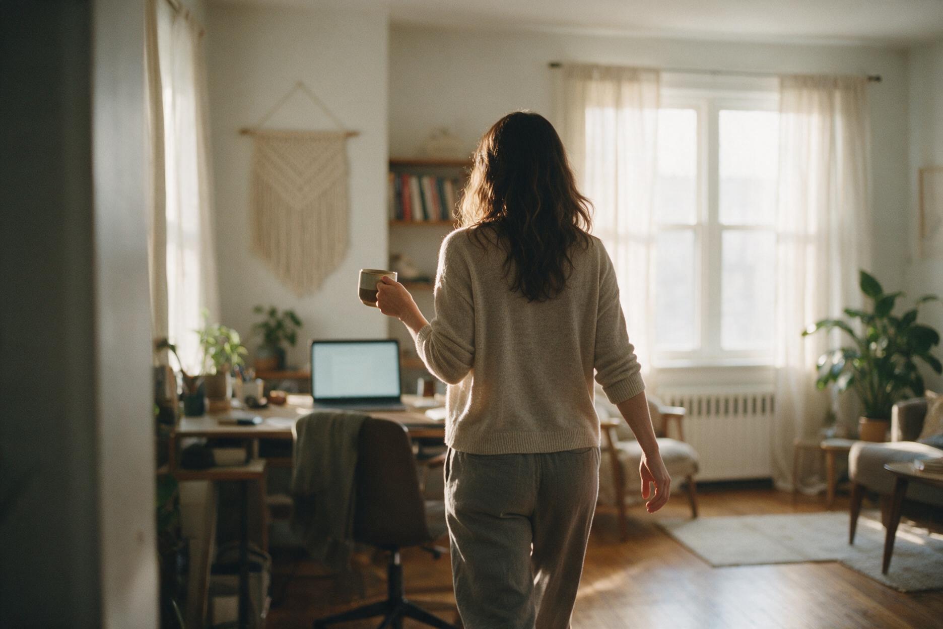 A woman walks away from her desk with a coffee while her laptop stays open behind her