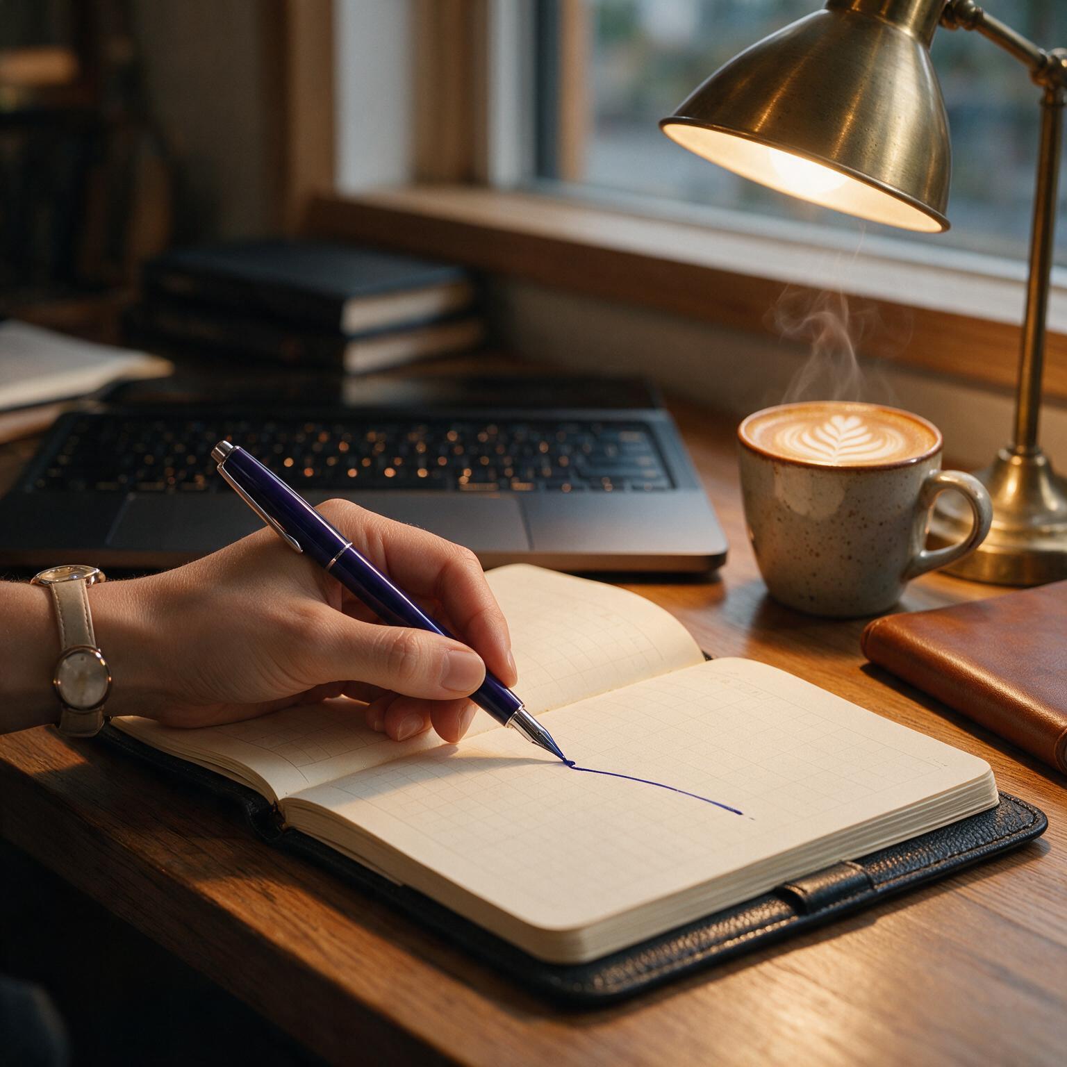 A hand writing a single note in a planner beside a laptop