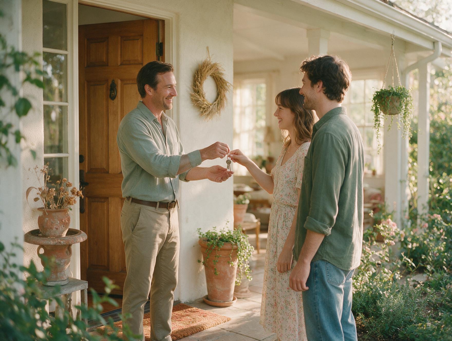 A real estate agent handing house keys to a couple at the door of a bright home