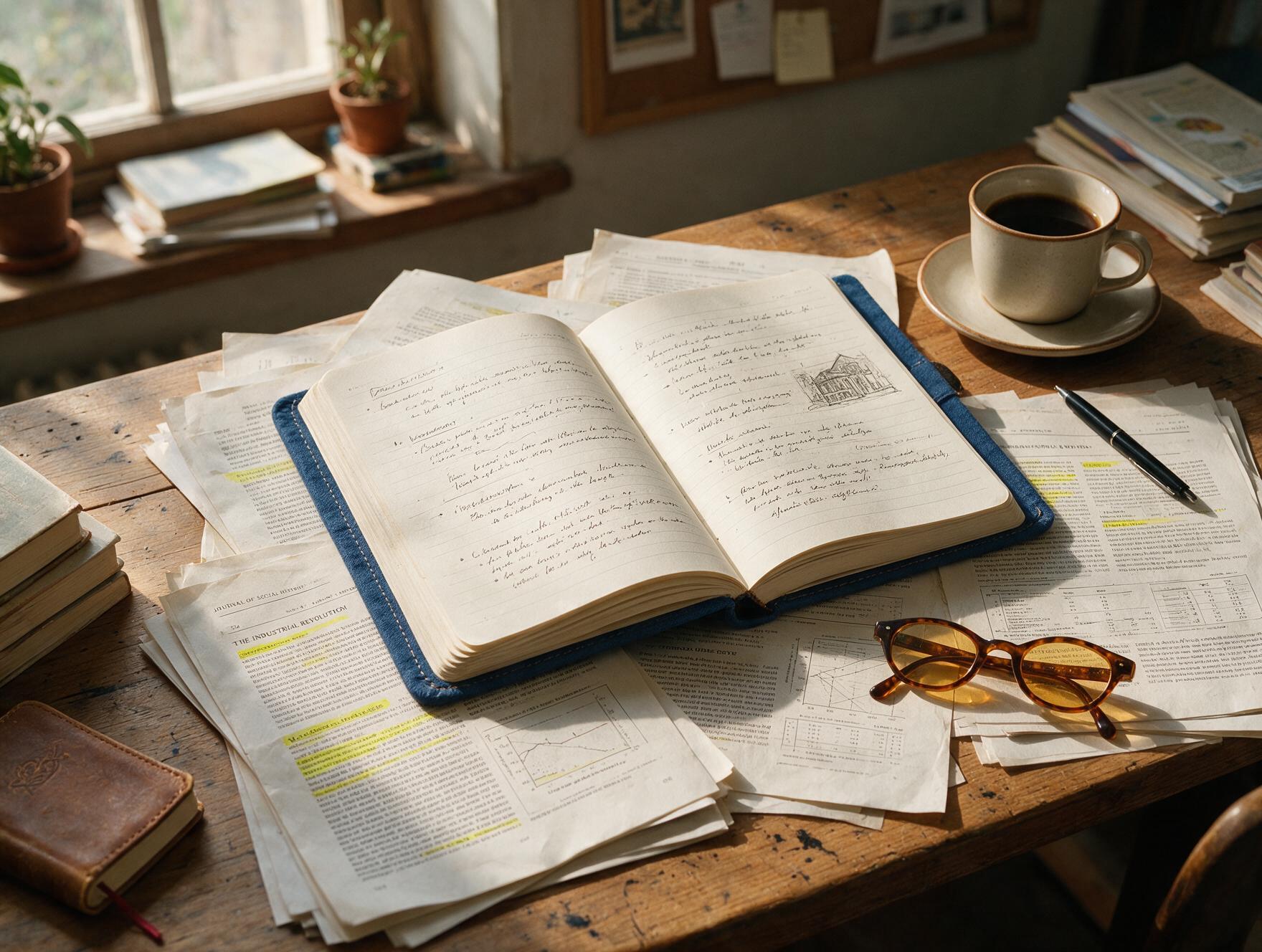 A research desk with printed articles, handwritten notes and a coffee