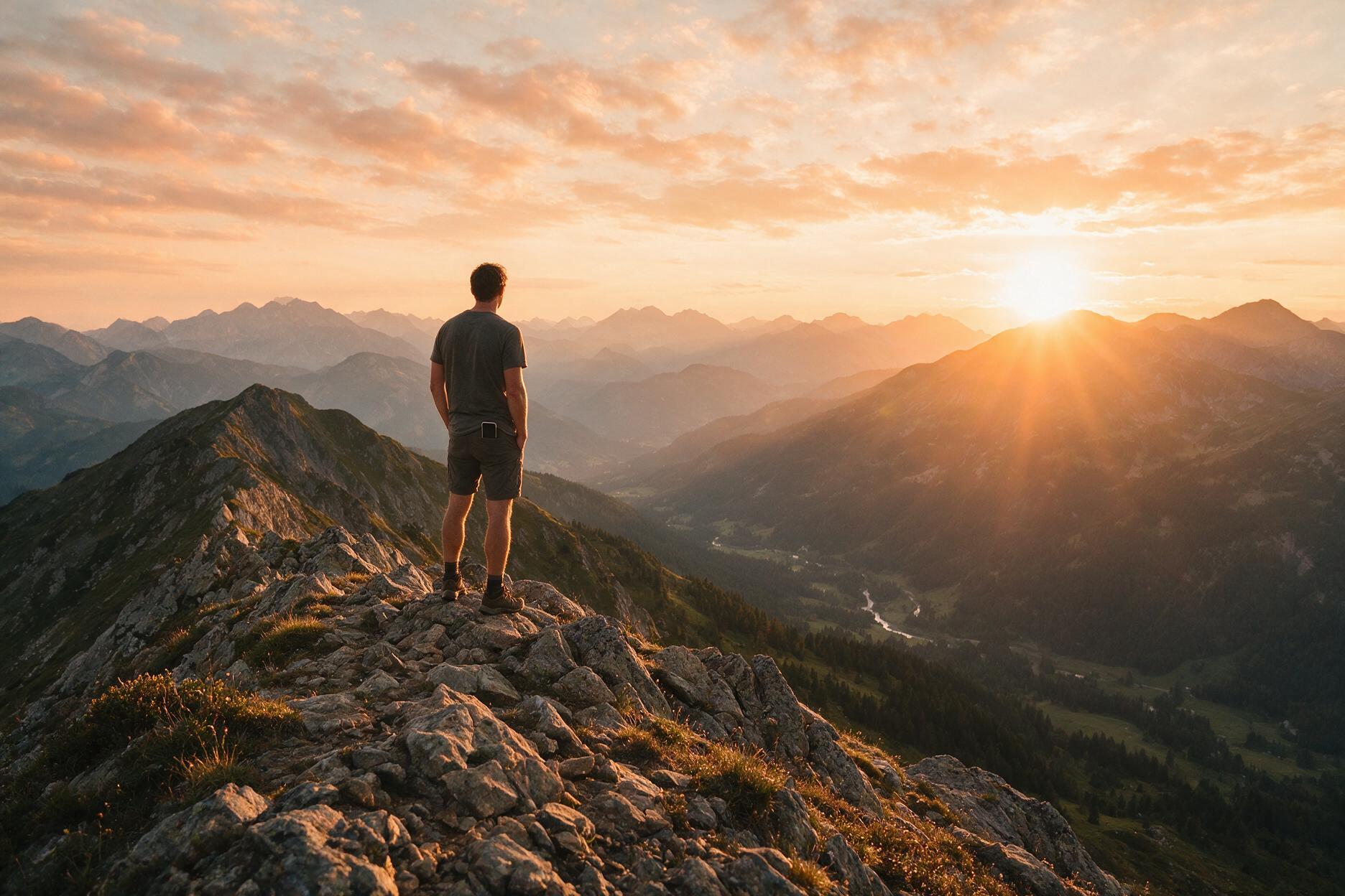A hiker on a mountain ridge at golden hour, phone in pocket
