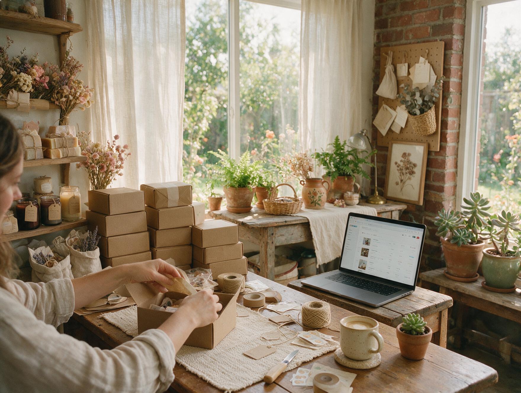 An online store owner packing orders beside stacked parcel boxes