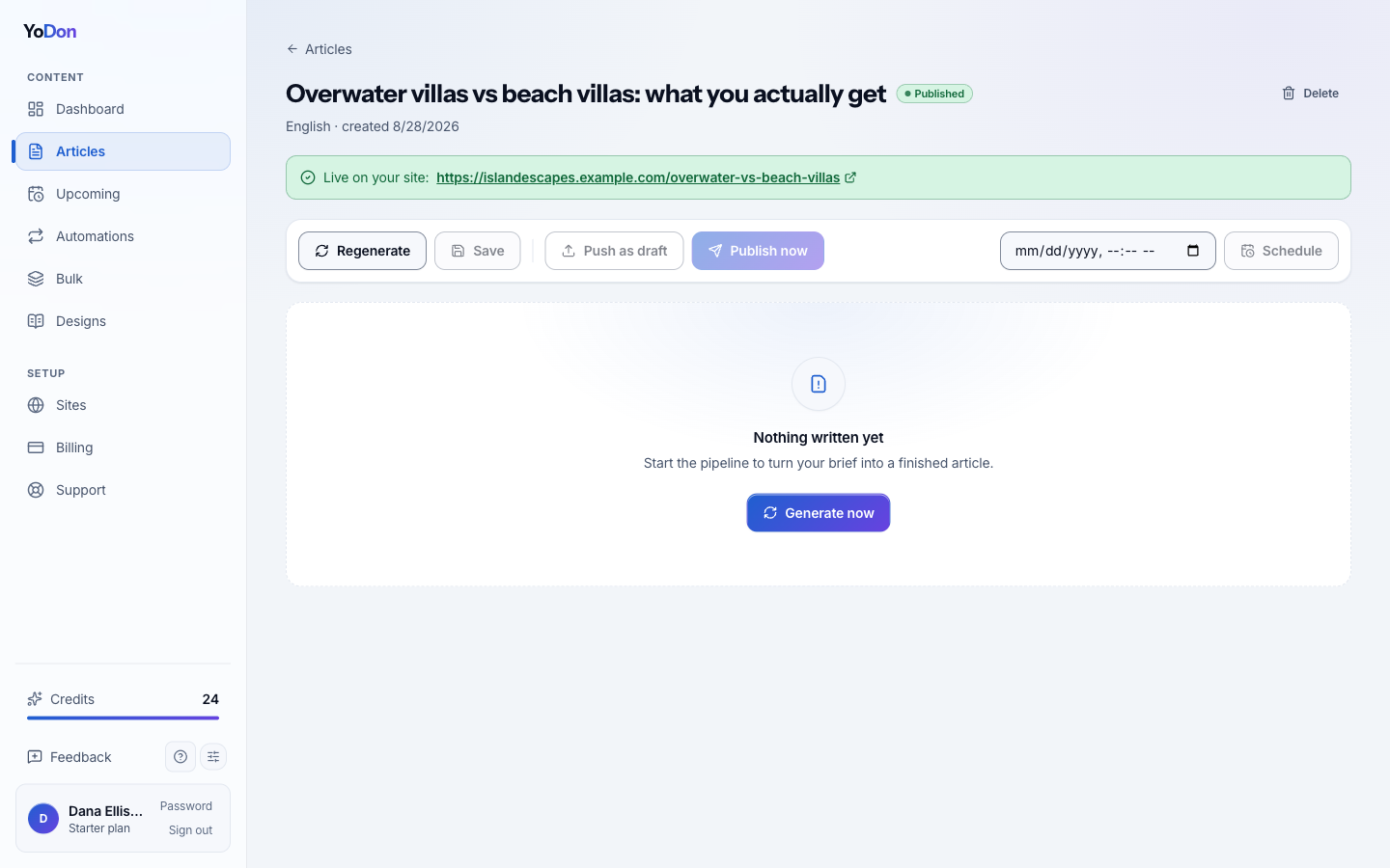 A finished article in the dashboard — content, SEO fields and publish controls in one place.