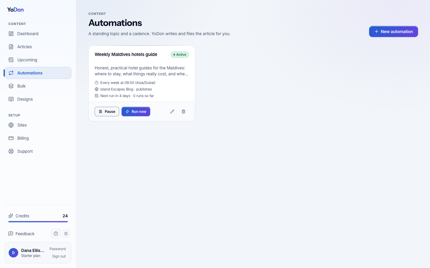 The automations list. Each card is one autopilot: the site it writes for, the rhythm, and the run controls.