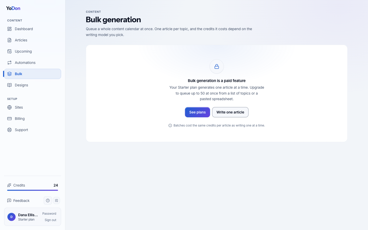The bulk form: one row per article, with the shared settings below applying to the whole batch.
