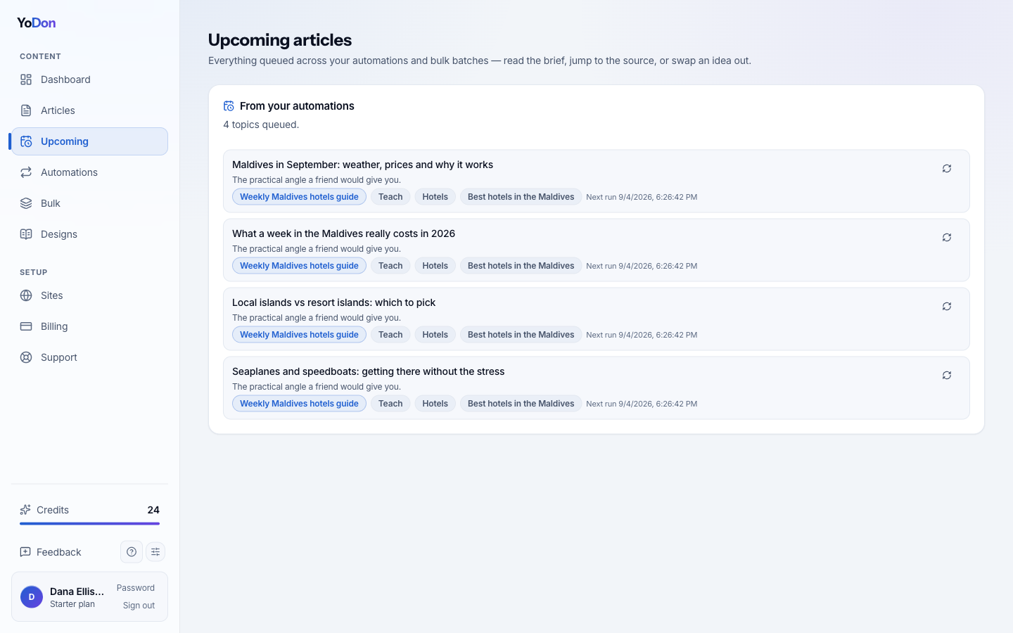 Upcoming articles across all automations and bulk batches — with a regenerate button per queued idea.